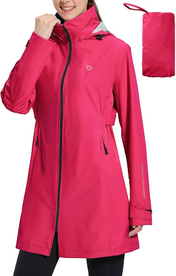 baleaf Women's Long Rain Coat Packable Waterproof Windbreaker Lightweight Cycling Jacket with Hood