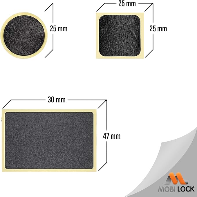 Mobi Lock 40Pcs Self-Adhesive Bicycle Tire Inner Tube Patch Repair Kit - Glueless Bike Tube Patches in Round, Square, and Rectangle Shape - Includes 2 Tire Levers, 1 Metal Rasp