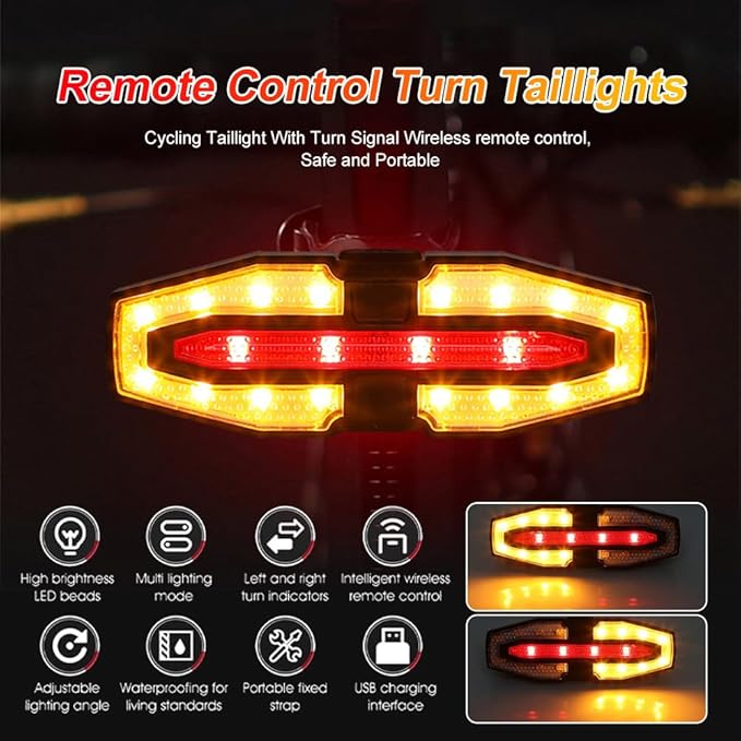 Bike Tail Light with Turn Signals Wireless Remote Control Waterproof Bicycle Rear Light Back USB Rechargeable Ultra Bright Safety Warning Cycling Taillight for Night Riding