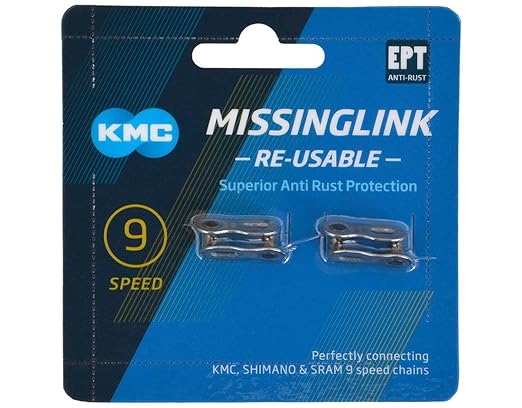KMC Missing Link 9-Speed Silver Metal Chain Connector for MTB and Road Bikes, Single Strand, Re-usable, Suitable for KMC, Shimano, Campagnolo and SRAM chains