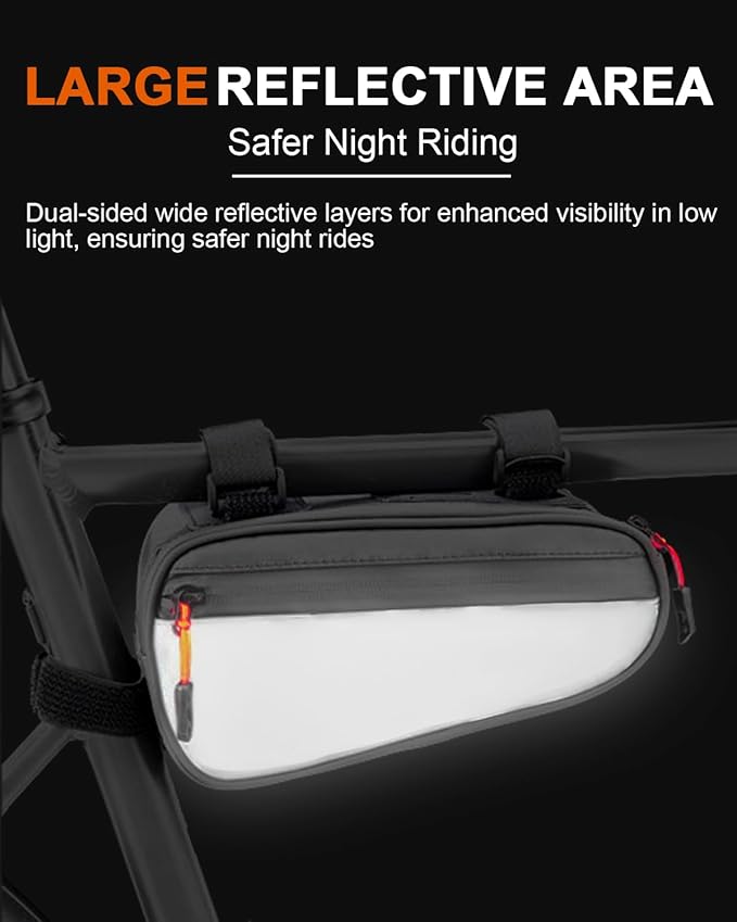 Bike Frame Bag, Water Resistant Bicycle Triangle Pouch with 2 Side Pockets, 3-in-1 Under Seat Storage Top Tube Pack for MTB Mountain Road Commuter Bikes, 1.2L