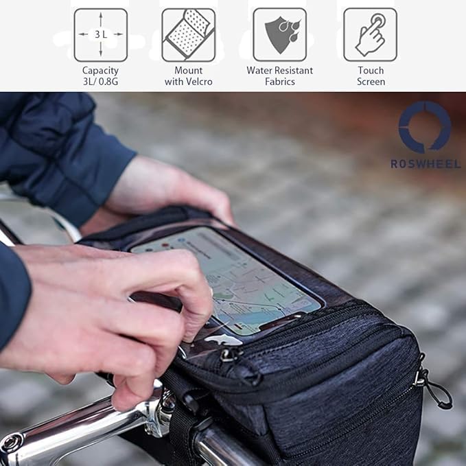 Roswheel Essentials Series Bike Handlebar Bag Bicycle Basket Pack with Map Holder/Phone Pouch, Black