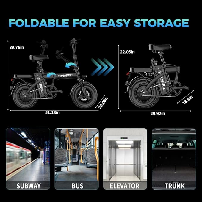 Tomofree 750W Folding Electric Bike, 48V 20AH Removable Battery, 20-25MPH, 14''x 2.1'' Tire, 25-35miles PAS, Front/Full Suspension, 200lbs Load Ebike for Adult, Adult Electric Bicycles for Commute