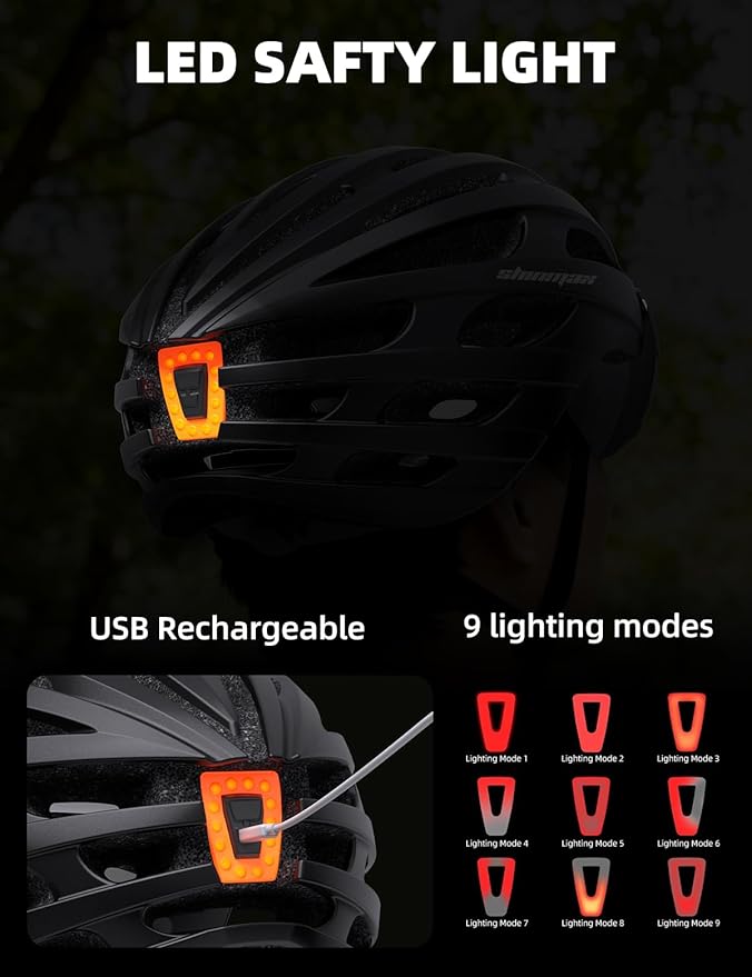 Shinmax Bike Helmet with USB Rechargeable Light & Detachable Magnetic Goggles UV Protective, Bicycle Helmet Men Women Mountain Road Adjustable Adult Cycling Helmet (WT-049)