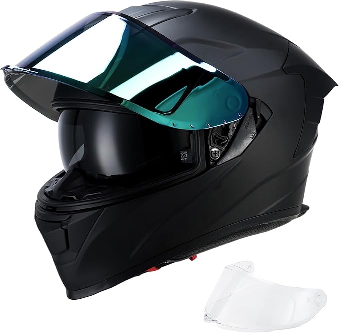 TCT-MOTORPARTS Adult Dual Visors Full Face Motorcycle Helmet Motorbike Racing Street Bike Helmets DOT Approved Matte Black Medium Size