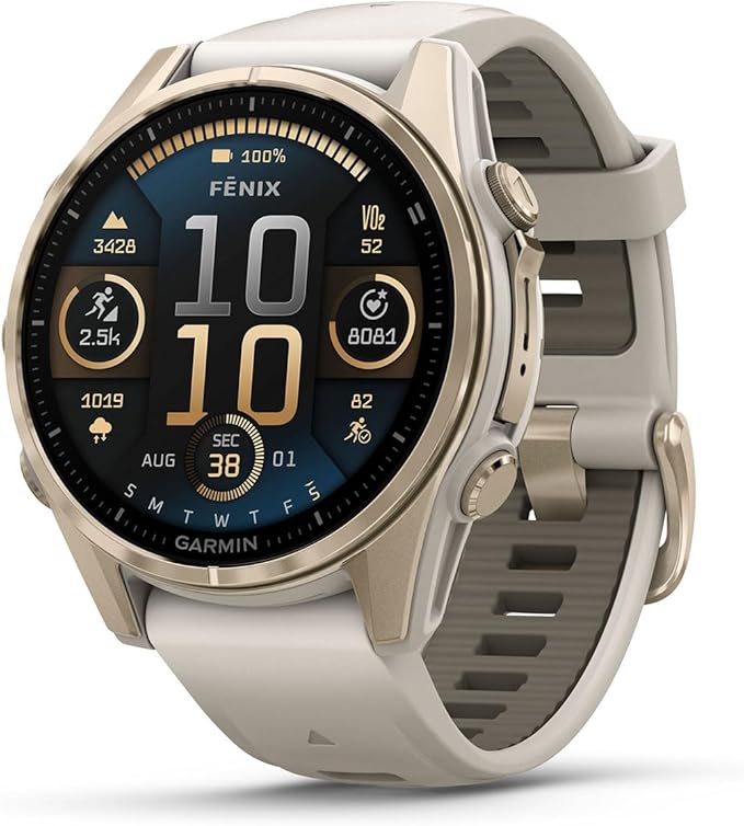PlayBetter Garmin Fenix 8 AMOLED Sapphire (43mm, Soft Gold/Dark Sandstone) Multisport GPS Smartwatch Bundle - 1.3” Touchscreen, Built-in LED Flashlight Wireless Running Earbuds