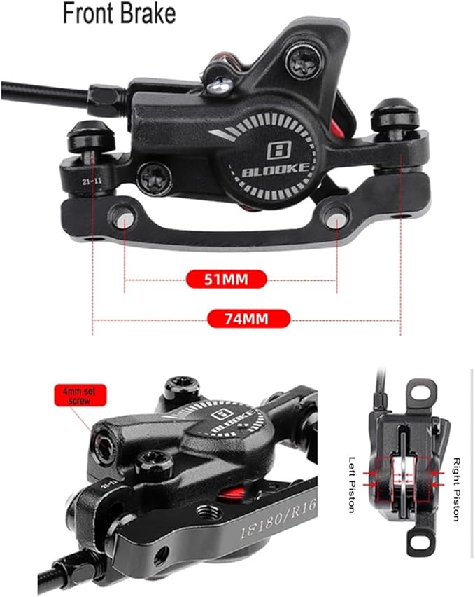 FukkeR 2-Piston Mountain Bikes Hydraulic Brake Set with 160mm Floating Disc Rotor and Caliper PM/is Adapter Right Front Road Bikes Aluminum Disc Brake 800mm for BMX XC