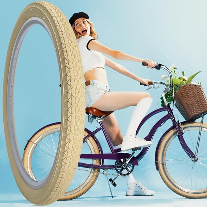 SIMEIQI 1 or 2 Pack 26"x2.125" Cruiser Beach Bike Tires Cream Color with or Without Inner Tubes 26"x1.75"/2.125" Replacement Folding Bicycle Tyres for City Commuter Urban Pavement