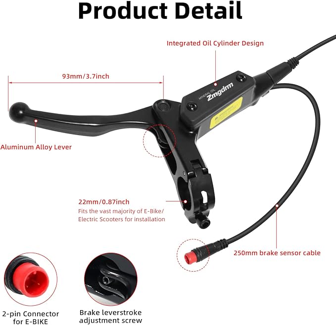 4-Pistons E-Bike Hydraulic Disc Brake Set, 2-PIN Electric Power-Off Hydraulic Brakes Set with 160mm Rotors, Pre-Bled with Mineral Oil Brakes Kit for eBike, MTB, Electric Scooters(Left Front)
