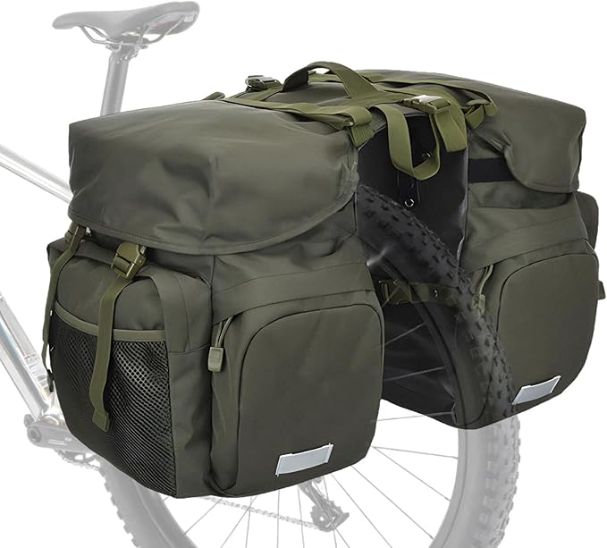 Large Saddle Bags for bike,Waterproof 50L Panier bag for Bicycles/MTB/E-Bike,Bike Trunk Bag With Reflective Stripes (Army green,50L)