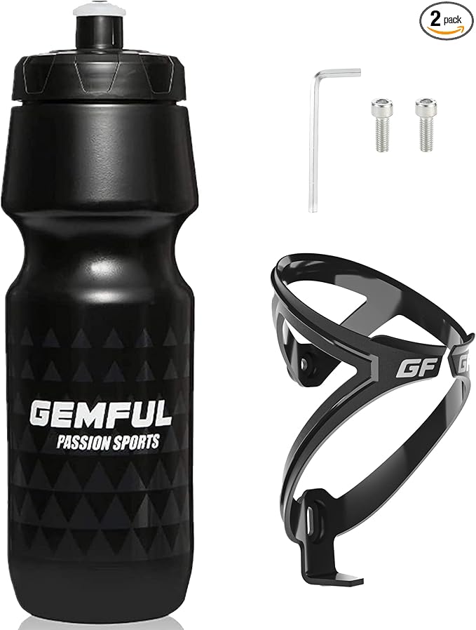 GEMFUL 24 oz Cycling Water Bottle and Cage Set BPA Free Bike Water Bottle Holder Combo Leak Proof Lightweight 750ml Fits MTB Mountain Road Bicycle (Black)