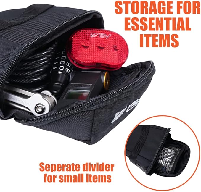 BV Strap-On Bike Bag with Reflective Material - Saddle Bag with Seperate Divider for Small Items for All Your Essentials - Bike Pouch with Taillight Hanger for Maximum Safety