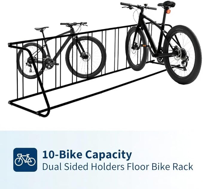 10 Bike Rack for Garage, Heavy Duty Steel Bicycle Rack Freestanding with Floor Mount Kit, Single-Sided Parking Stand for 10 Bicycles, Commercial Grade Bike Racks for Apartments & Schools, Black