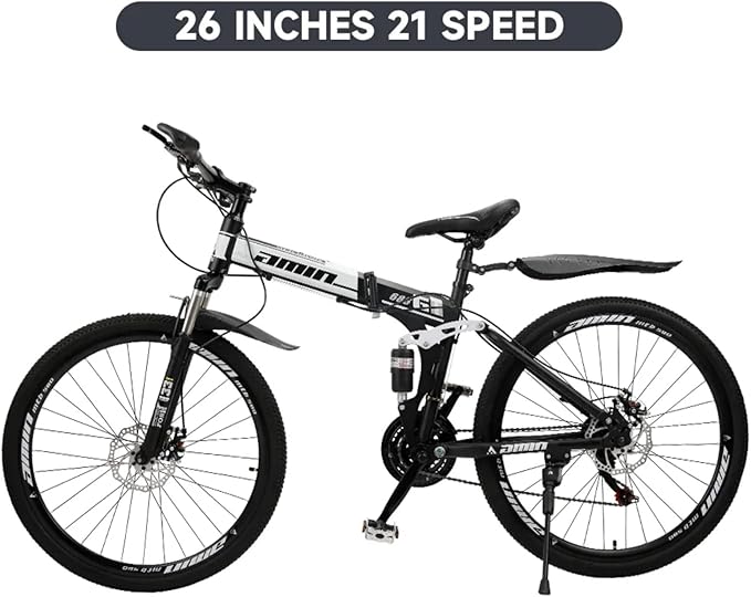 Bruce & Shark 26" Folding Mountain Bike for Men, 21 Speeds Full Suspension Commuter Bicycle, High Carbon Steel & Disc Brakes, Portable City Outdoor Bike for Adult Youth Teen