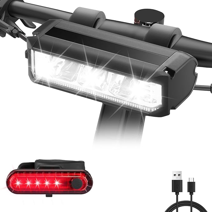 High Lumens Super Bright Bike Light for Night Riding, USB Rechargeable Bicycle Headlight, Waterproof Bike Headlight, Waterproof Bike Headlight and Taillight, MTB Off-Road Cycling Commuting
