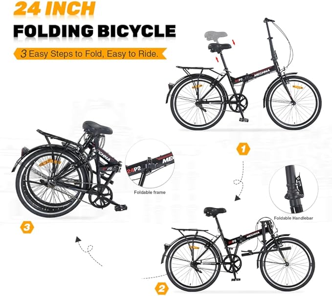 24 Inch Folding Bike for Adults, Steel Frame Single Speed City Commuter Bicycle, Dual V-Brake Portable Compact Bike with Fenders for Men Women