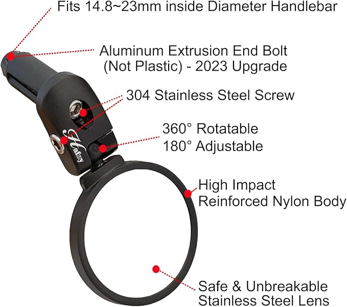 Hafny Bar End Bike/Bicycle Mirror, Stainless Steel Lens, Safe Adjustable Rearview Cycle/E-bike Mirror, HF-MR083 (Black 62mm)