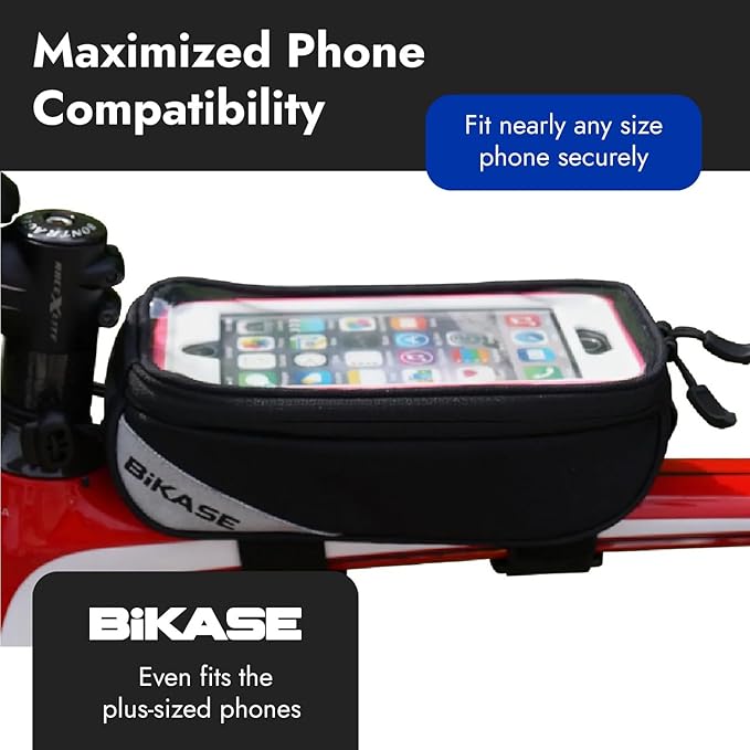 BiKase Beetle Large E-Bike Phone Bag - Water Resistant Nylon Phone Mount for Bicycles, Fits iPhone 15/14/13 Max & Samsung Galaxy, Easy Install Top Tube Cell Holder for Ebikes