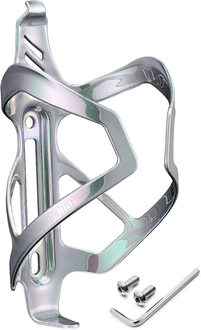 Corki Cycles Heavy Duty Bike Water Bottle Holder, Lightweight Aluminum Cage Shockproof Design for Road Mountain Gravel Bikes, Holds 18-30 oz, 1-Pack Iridescent Silver