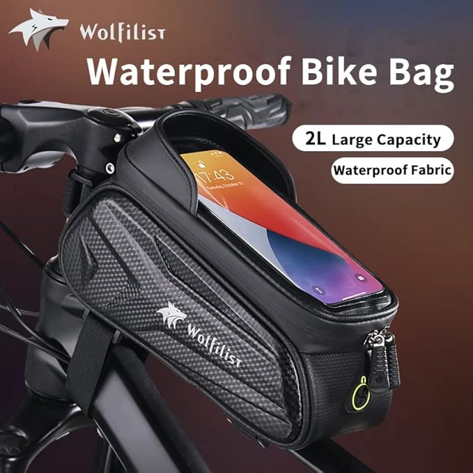 Bike Bag - Waterproof Bike Frame Bag with Sun-Visor Rain Cover, Bike Phone Holder with TPU Sensitive Touch Screen, Handlebar Bag Bicycle Accessories, Large Capacity Suitable Phone Under 7"