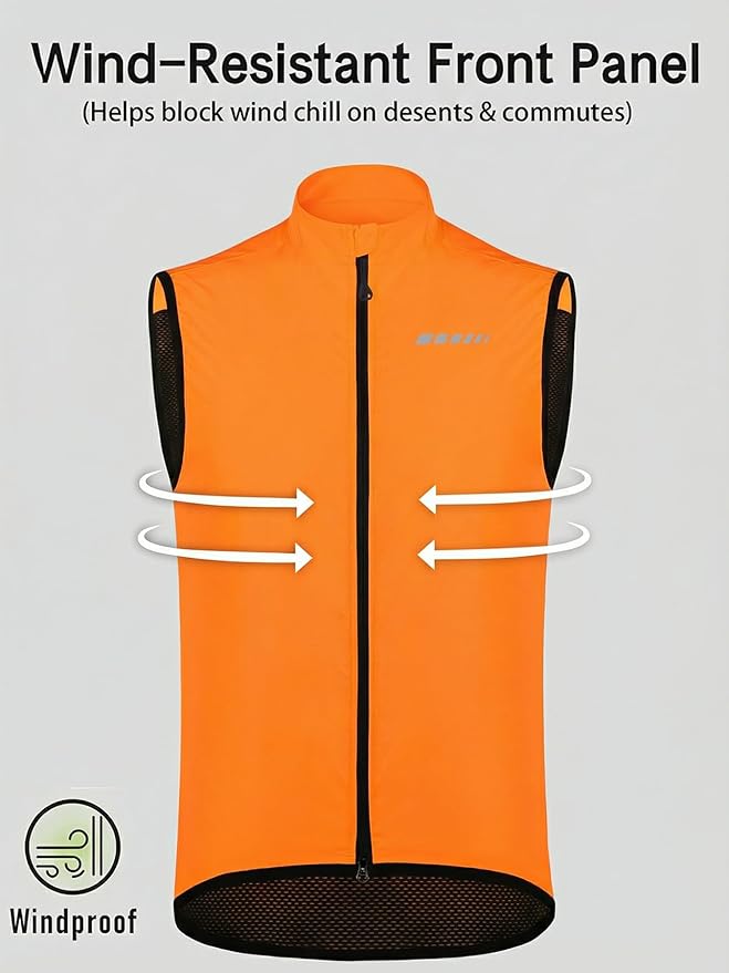 qualidyne Men’s Lightweight Windproof Cycling Vest, Full-Zip Sleeveless Bike Gilet with Breathable Mesh Back and Reflective