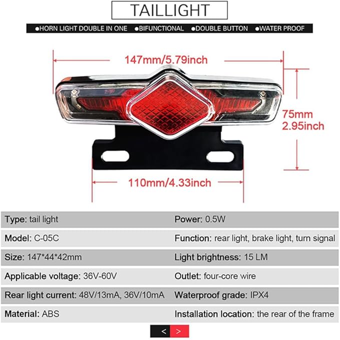 Ebike Headlight and Tail Light Sets, LED Night Spotlight Cycling Modification Parts, 48V/36V Front Rear Warning Lights Kit with E-Bike Headlight Turn Signal Rear Light, 12V-72V Switch 24-48V