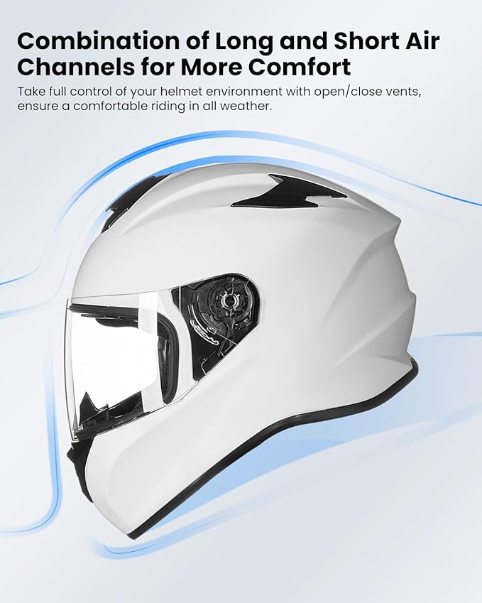 ILM Full Face Motorcycle Street Bike Helmet with Enlarged Air Vents, Free Replacement Visor for Men Women DOT Approved Model ST-06 (White, X-Large)