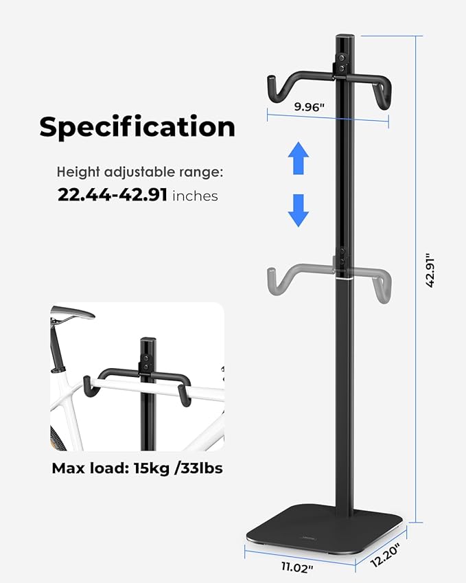 Viozon Adjustable Bike Floor Stand, Aluminum Alloy Vertical Bicycle Storage Rack with Height & Angle Adjustment, EVA Protective Hooks & Wheel Strap, Max Load 33lbs, Space-Saving Bike Rack