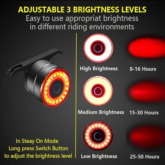 Smart Bike Tail Light: Auto On/Off Rear Bicycle Flashlight Ultra Bright Back Brake Light High Lumen Daytime Strobe USB Rechargeable Safety Red Led Taillight Waterproof Road Cycling Lights