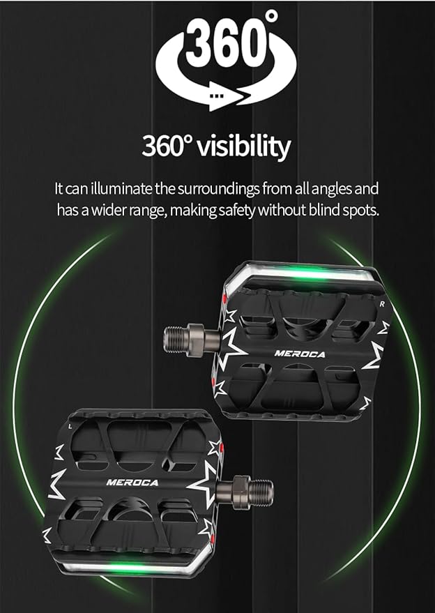 Monkey Home Smart Bike Pedals with LED Lights, Auto On-Off, 3 Colours, 7 Modes, USB Rechargeable, Waterproof, Flat Aluminium with 9/16in Steel Spindle, for e-Bike, City, Commuter, Hybrid, Road