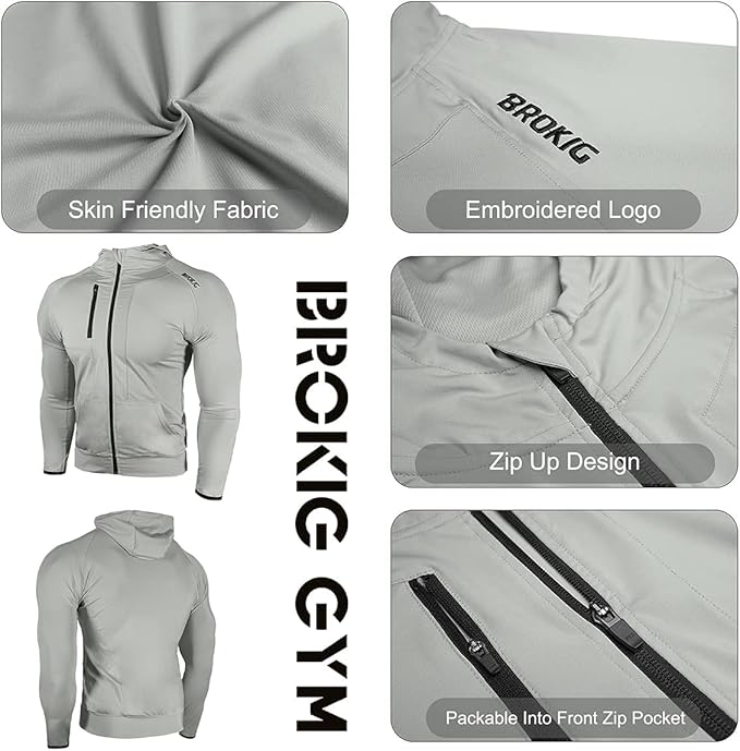 BROKIG Mens WindBreak Lightweight Running Jackets with Zip Pocket, Workout Track Hoodie Athletic Gym Sweatshirts Men