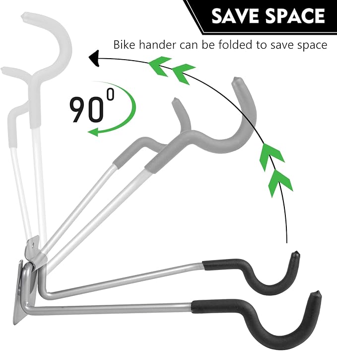 Bike Wall Mount Hangers，EVA Foam Padded Bicycle Hooks-Flip-Up Garage Bicycle Rack for Mountain, Road, and Kids Bikes Rack Holders 2 Pack Silver, Black