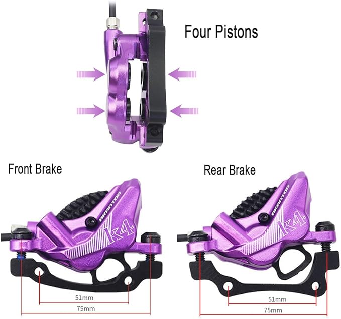 FukkeR Bicycles Aluminum Disc Brakes Front & Rear 900mm/1600mm 4-Pistons E-Bikes Electric Power-Off Hydraulic Brake Fit 160mm Rotor for Mountain Bikes BMX EBike XC Trail