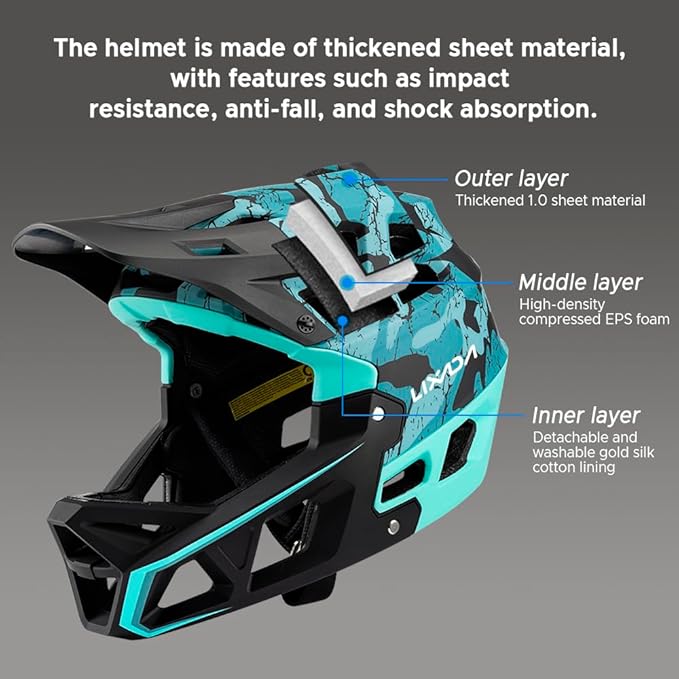 Lixada Adult Bike Helmet, Full Face Mountain Bike Helmet Lightweight Bicycle Helmet with Pads & Visor, Comfort Cycling Helmet Racing Downhill MTB Helmet for Men Women