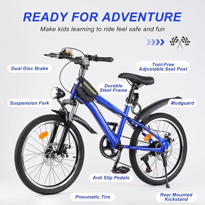 Bueuwe 20 24 Inch Kids Mountain Bike, Children Bicycles for Boys and Girls Ages 6-12, 7 Speed Teenager Bikes with Disc Brakes, Adjustable Handlebars and Seat, Kickstand (Blue, 24 Inch)
