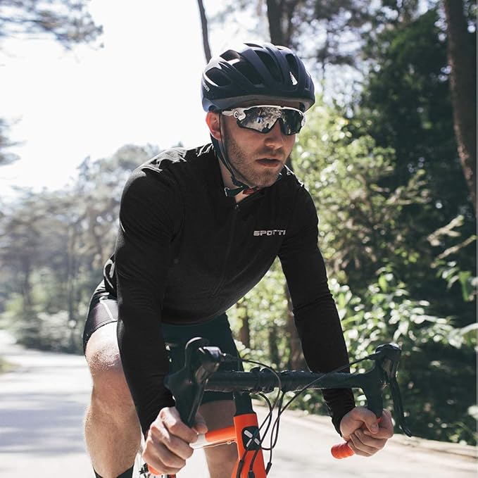 Spotti Men's Cycling Bike Jersey Long Sleeve with 3 Rear Pockets - Moisture Wicking, Breathable, Quick Dry Biking Shirt