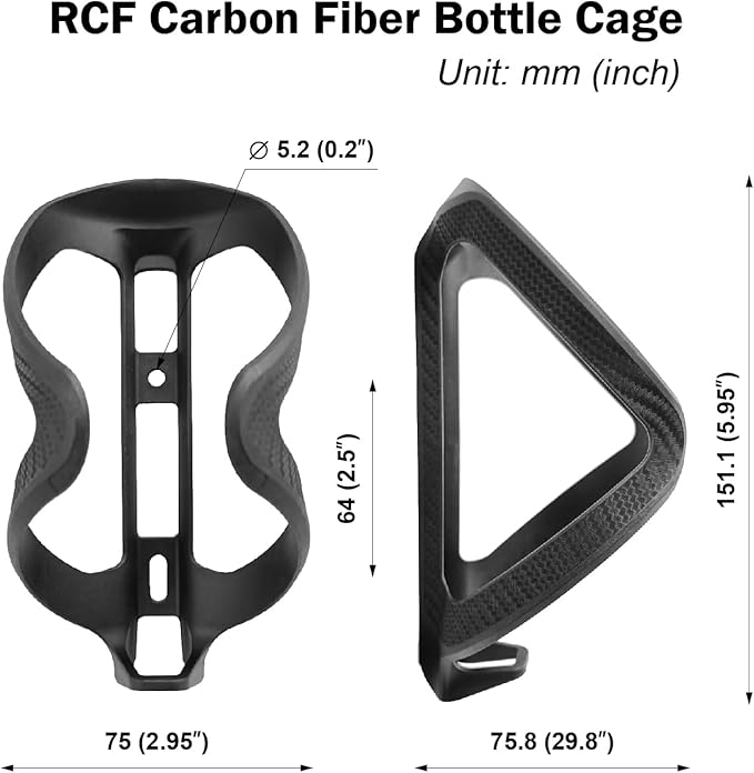 RCF Bike Bottle Cage – 100% Recycled Carbon Fiber, Ultra-Lightweight 0.95 oz, Highly Shock-Resistant Bike Water Bottle Holder for Road & Mountain Bikes (Set of 2)
