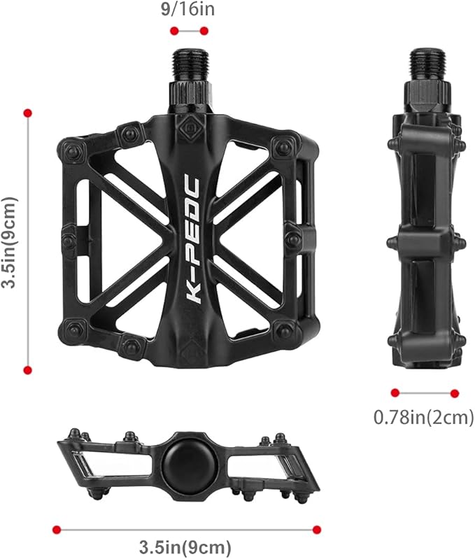 Bike Pedals 9/16 for MTB, Mountain Road Bicycle Flat Pedal, with 16 Anti-Skid Pins -Universal Lightweight Aluminum Alloy Platform Pedal for Travel Cycle-Cross Bikes etc
