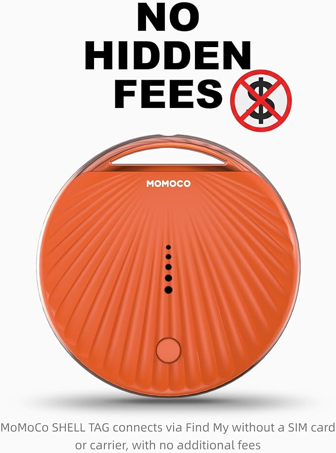 MoMoCo GPS Tracker – iOS Only No Subscription Required, Portable Real-Time GPS Tracking Device for Dogs,Compatible with Apple Find My, Location Tracker for Vehicles/Keys/Luggage (Orange+Black)