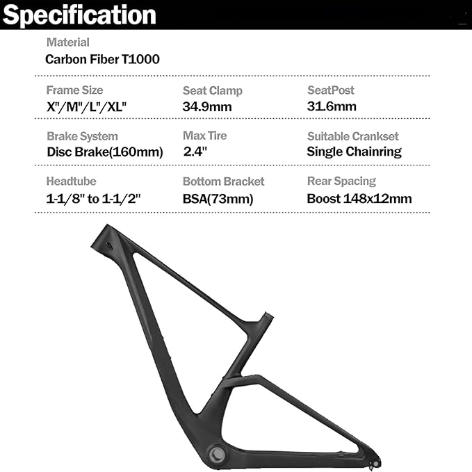 29er Mountain Bike Hardtail Frame 16.3/17.3/19.3/21.3in Thru Axle 12x148mm Boost Frame Disc Brake XC Cyclocross Frame Carbon Fibre Frame Internal Routing Max 2.4" Tire