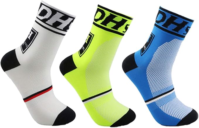 Libar Men's Cycling Socks Unisex Breathable Sports Running Trekking Athletic Basketball Socks (3 Pairs(white+green+blue))