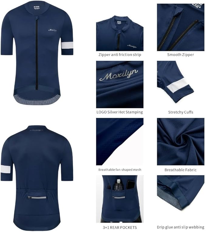 MOXILYN Men's Cycling Jerseys Road Bike Shirts Short Sleeve Full Zipper with 4 Pockets Reflective Widen Anti Slip Hem