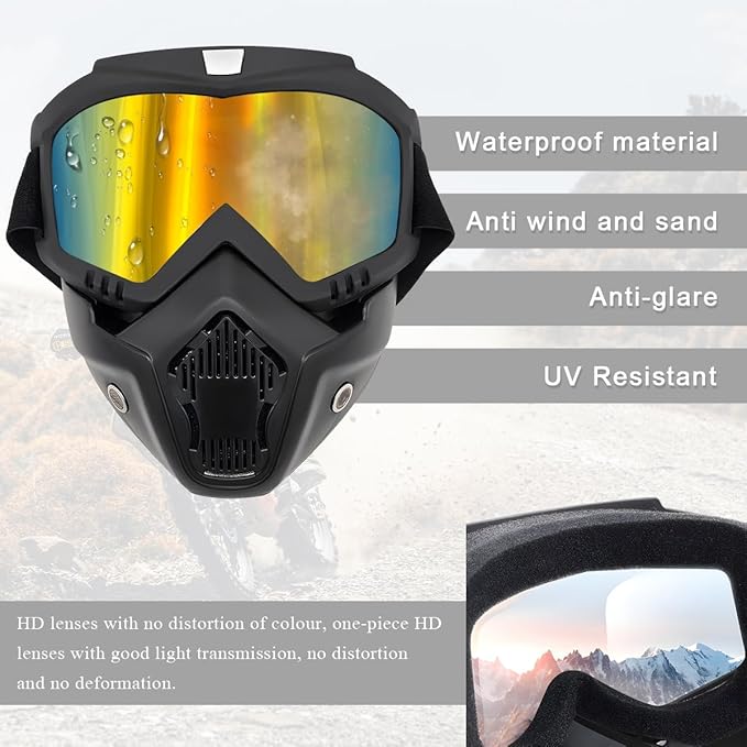 Motorcycle Helmet Goggles, Fog-Proof Goggle Face Protection Mask, Riding Racing Goggles For Men Women (Golden)