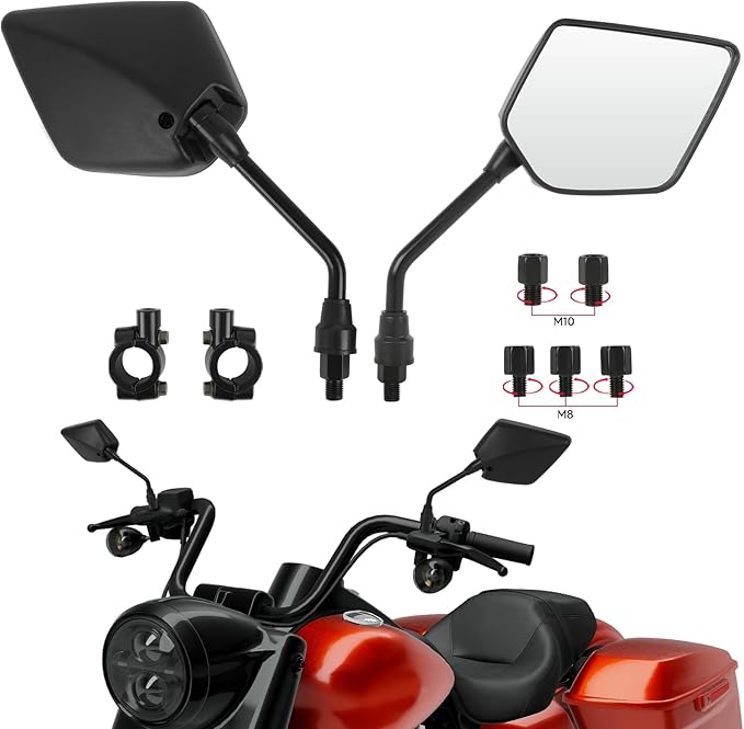 DREAMIZER Motorcycle Rear View Mirror - with M8 M10 Threaded Bolts, 7/8" Handlebar Mirror Mount Compatible with Motorcycle Scooter Moped Polaris Sportsman ATV Dirt Bike Cruiser