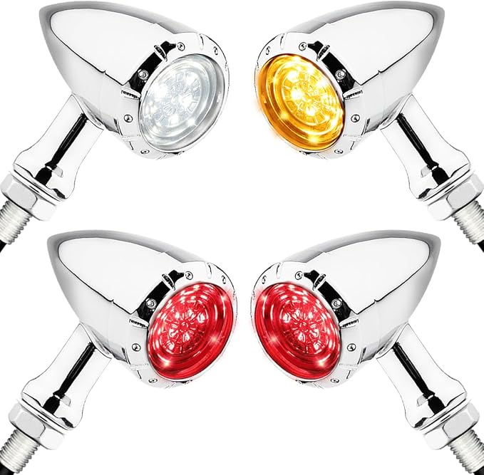 Motorcycle Bullet LED Turn Signal Kit – Front White/Amber & Rear Red/Brake/Amber Lights, Zinc Alloy Housing, M10 Universal Fit for Cruiser Bobber Chopper Custom Bikes(Chrome-Front+Rear)