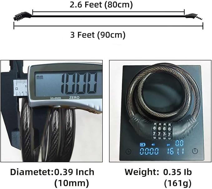 4 Digit 3 Feet Long Bike Lock Cable Combination, Resettable Anti Theft Bicycle Lock for Electric Scooter