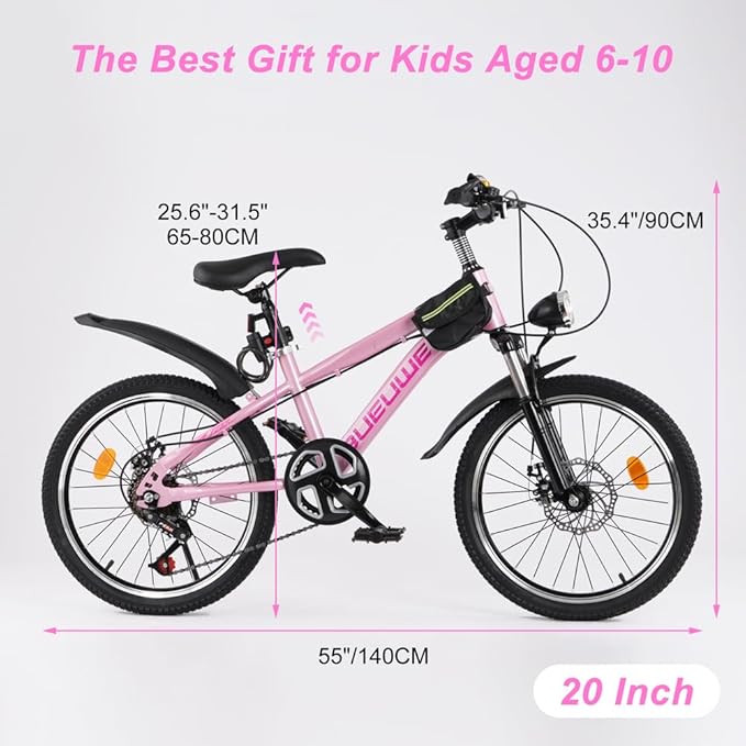 Bueuwe 20 24 Inch Kids Mountain Bike, Children Bicycles for Boys and Girls Ages 6-12, 7 Speed Teenager Bikes with Disc Brakes, Adjustable Handlebars and Seat, Kickstand (Pink, 20 Inch)