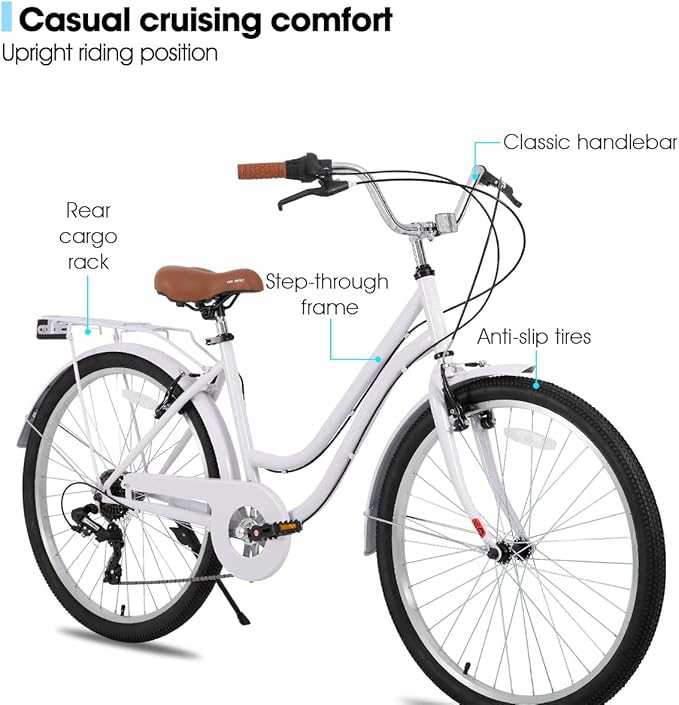 HILAND 26 in Women's Hybrid Bike for Adult, 7 Speed Step Through Hi-Ten Steel Frame City Commuter Beach Cruiser Bike, Hybrid Bicycle, Multicolor