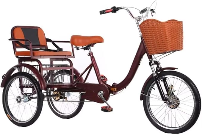 20 inch Folding Tricycle, Outdoor Cruiser Bikes with Passenger seat, 3 Wheel Bike, Large Pedal Tricycles with Inflatable Wheel, Tandem Bicycle, Ride-on trikes for s,Wine Red 20inch
