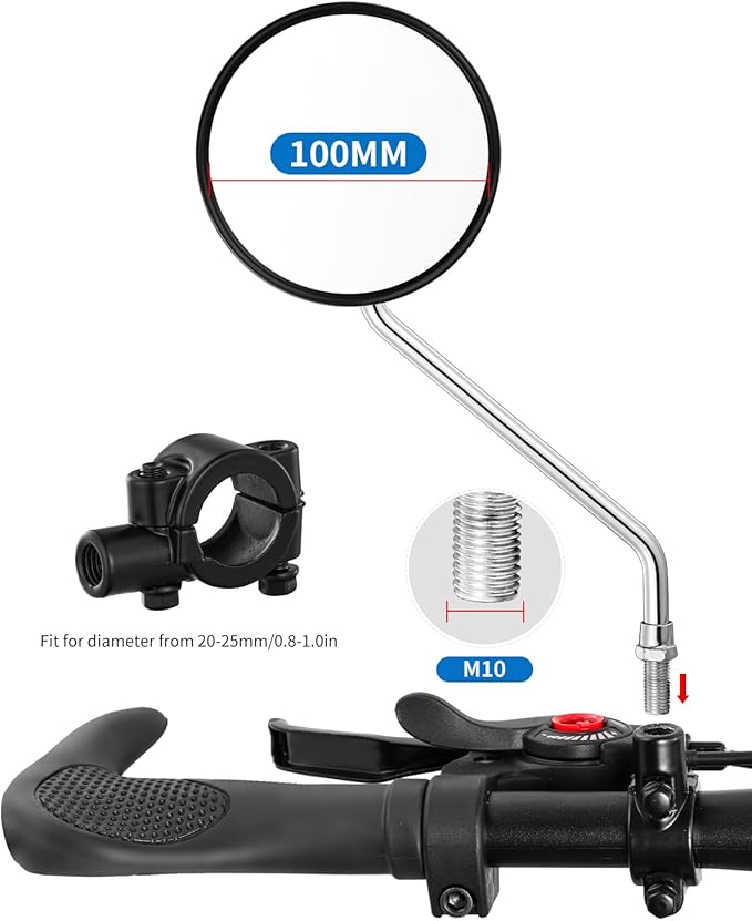 Bike Handlebar Rearview Mirror, Universal Adjustable Rotatable Clear Mirror for Mountain Road Bike Bicycle ebike Motorcycle Scooter Right Left Available with Bolt 10mm (2 Pcs)